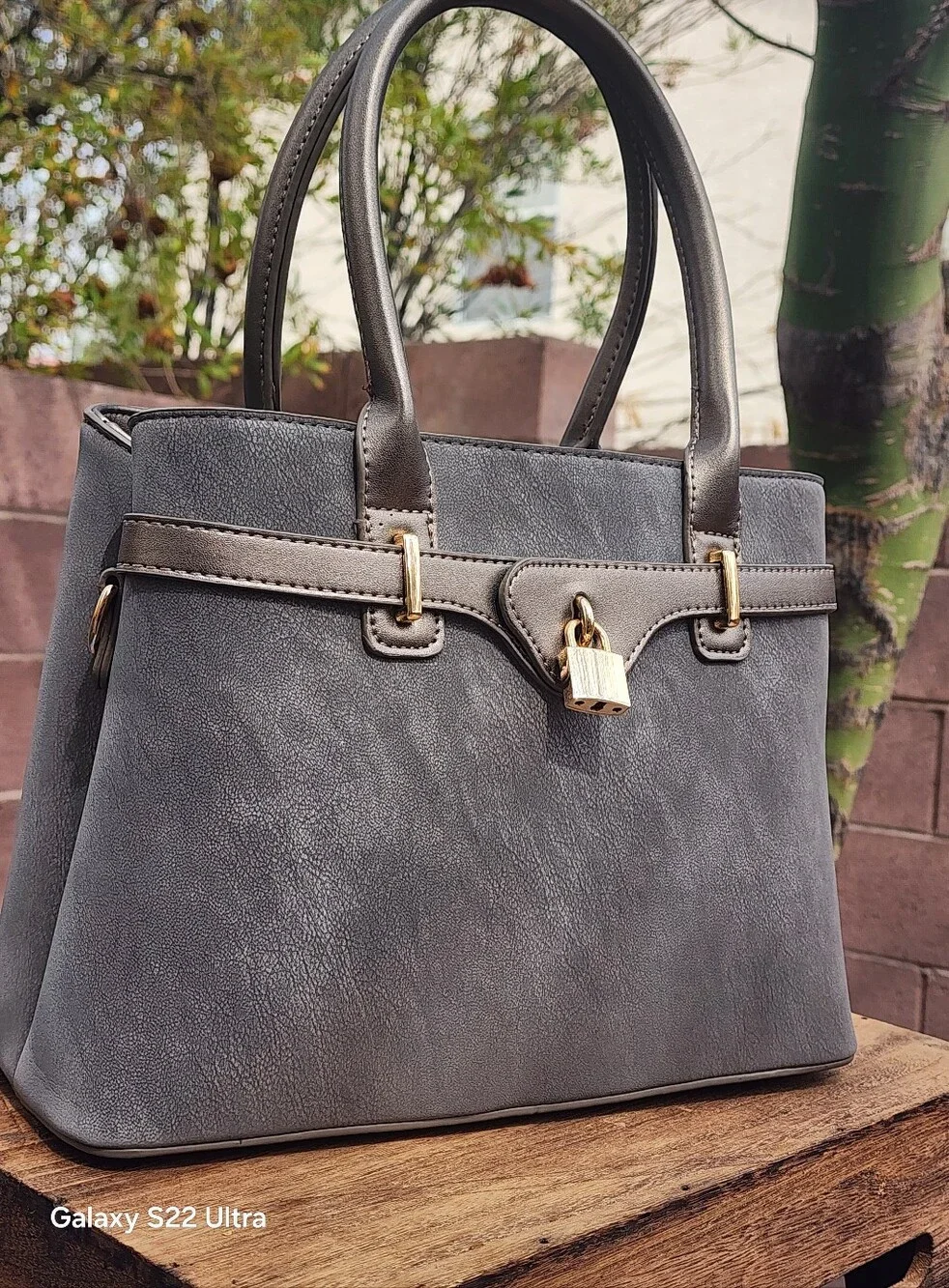 AR New York Grey Leather Satchel Handbag Crossbody Purse Top Handles